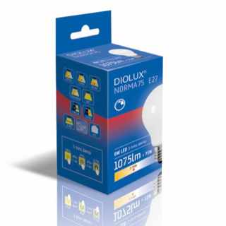 Diolux Norma75 8W/827 - E27 (1055 lumen) -  3-trins dæmpning 